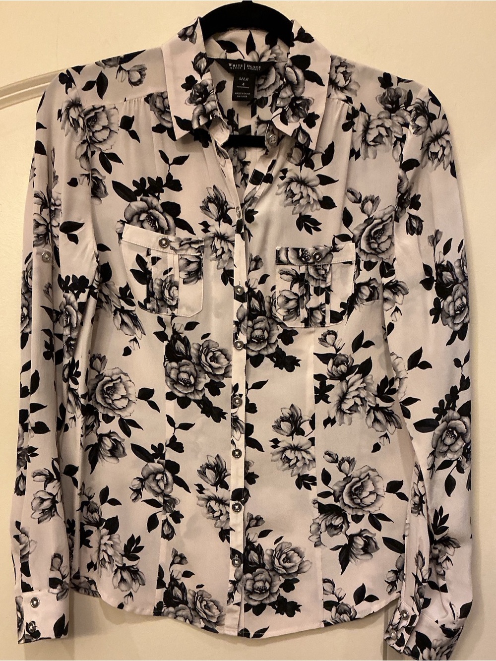 White House Black Market 100% Silk Floral Long Sleeve Blouse Size 4